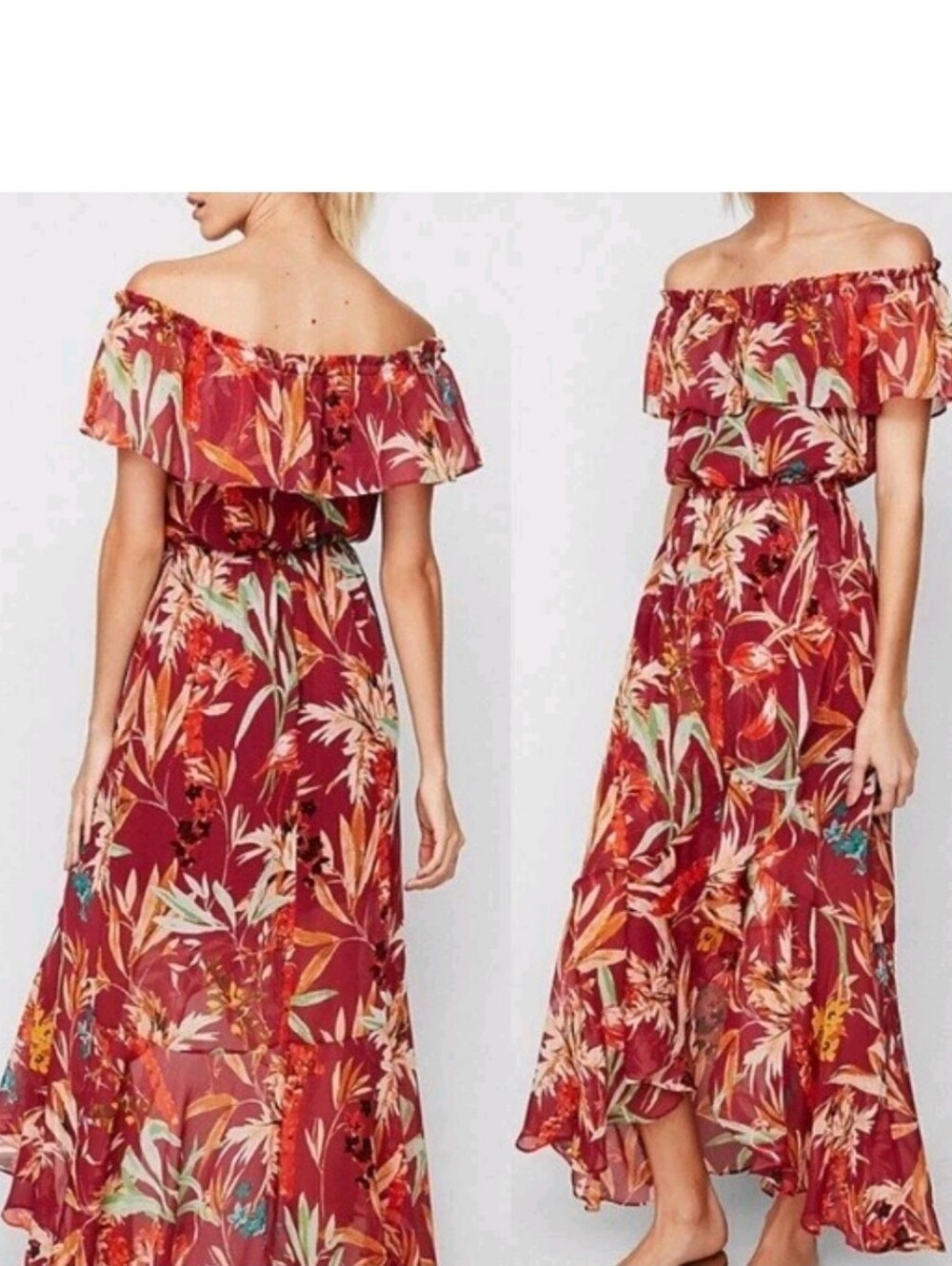 Express Off-Shoulder Dress Hi-Low Flowy Small Women's Tropical Print